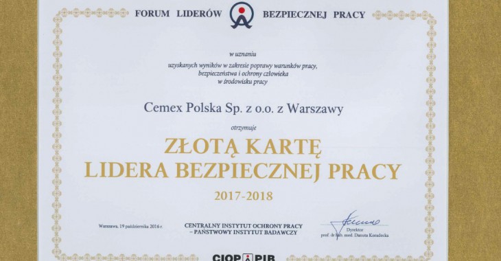CEMEX Polska ze Złotą Kartą Lidera Bezpiecznej Pracy CEMEX Polska ze Złotą Kartą Lidera Bezpiecznej Pracy