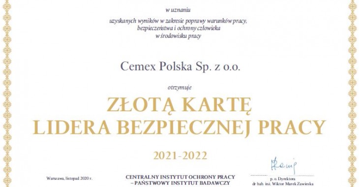 Złota Karta Lidera Bezpiecznej Pracy ponownie dla CEMEXu Złota Karta Lidera Bezpiecznej Pracy ponownie dla CEMEXu