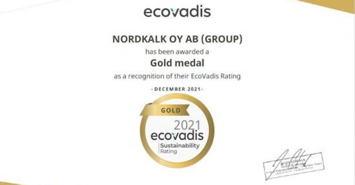 Nordkalk otrzymał Złoty Medal ECOVADIS Nordkalk otrzymał Złoty Medal ECOVADIS